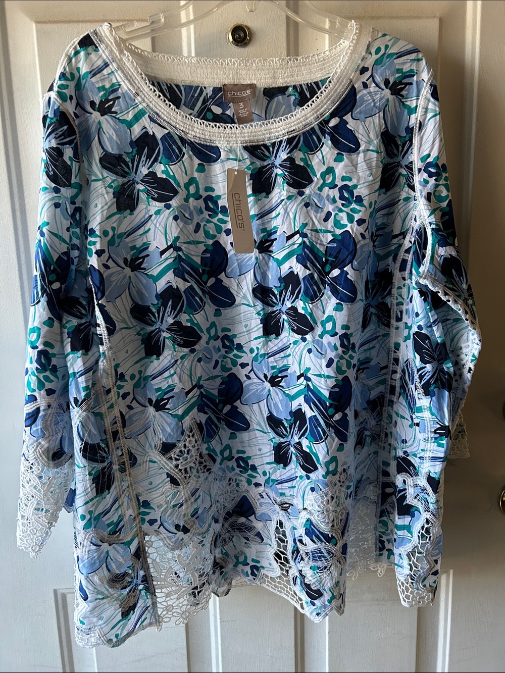 NWT Chico's White Floral Tunic with Blue & Teal with embroidery and lace